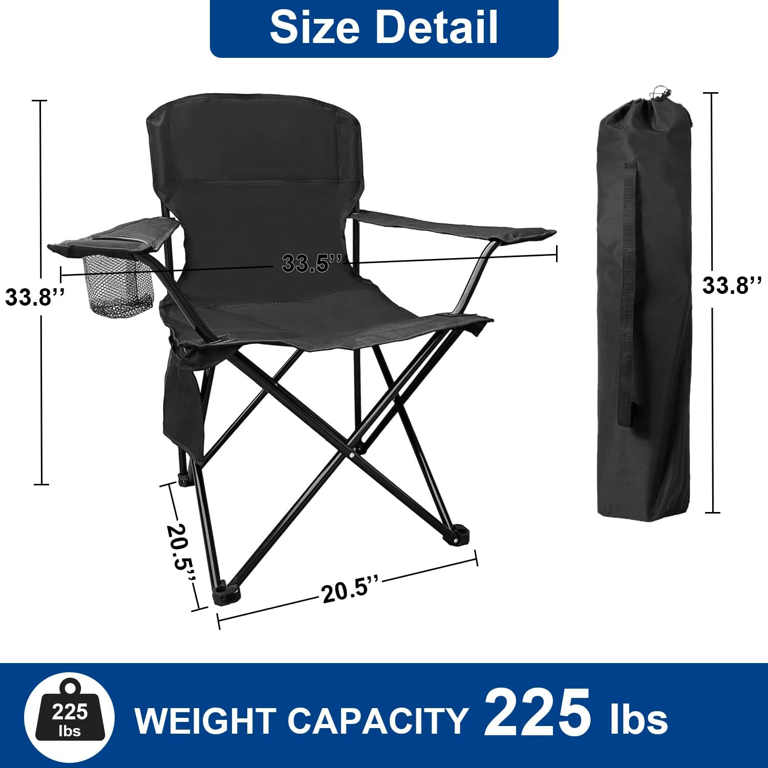 2PCS Folding Camping Collapsible Chairs Heavy Duty Lawn Chair with Cooler Bag, Storage Pocket, Waterproof Bag Outdoor Arm Chair, Supports 225LBS, Black - Image 3