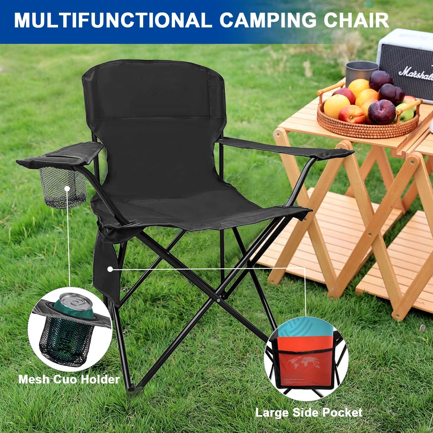 2PCS Folding Camping Collapsible Chairs Heavy Duty Lawn Chair with Cooler Bag, Storage Pocket, Waterproof Bag Outdoor Arm Chair, Supports 225LBS, Black - Image 4