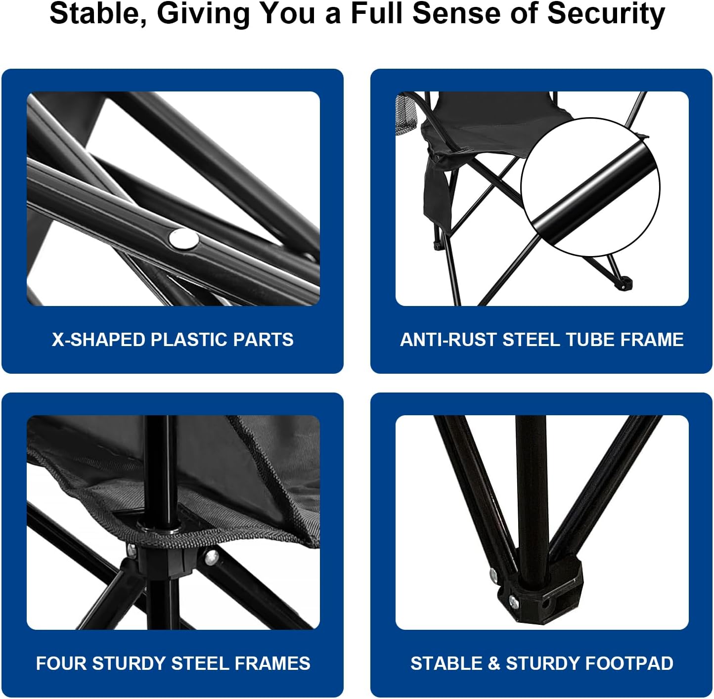 2PCS Folding Camping Collapsible Chairs Heavy Duty Lawn Chair with Cooler Bag, Storage Pocket, Waterproof Bag Outdoor Arm Chair, Supports 225LBS, Black - Image 5