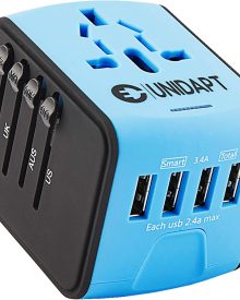 Unidapt Universal Travel Adapter, International Plug Adapter Fast 2,4A 4-USB European Power Plug, AC Wall Charger – Worldwide Outlet for Europe US USA UK EU AUS, Blue